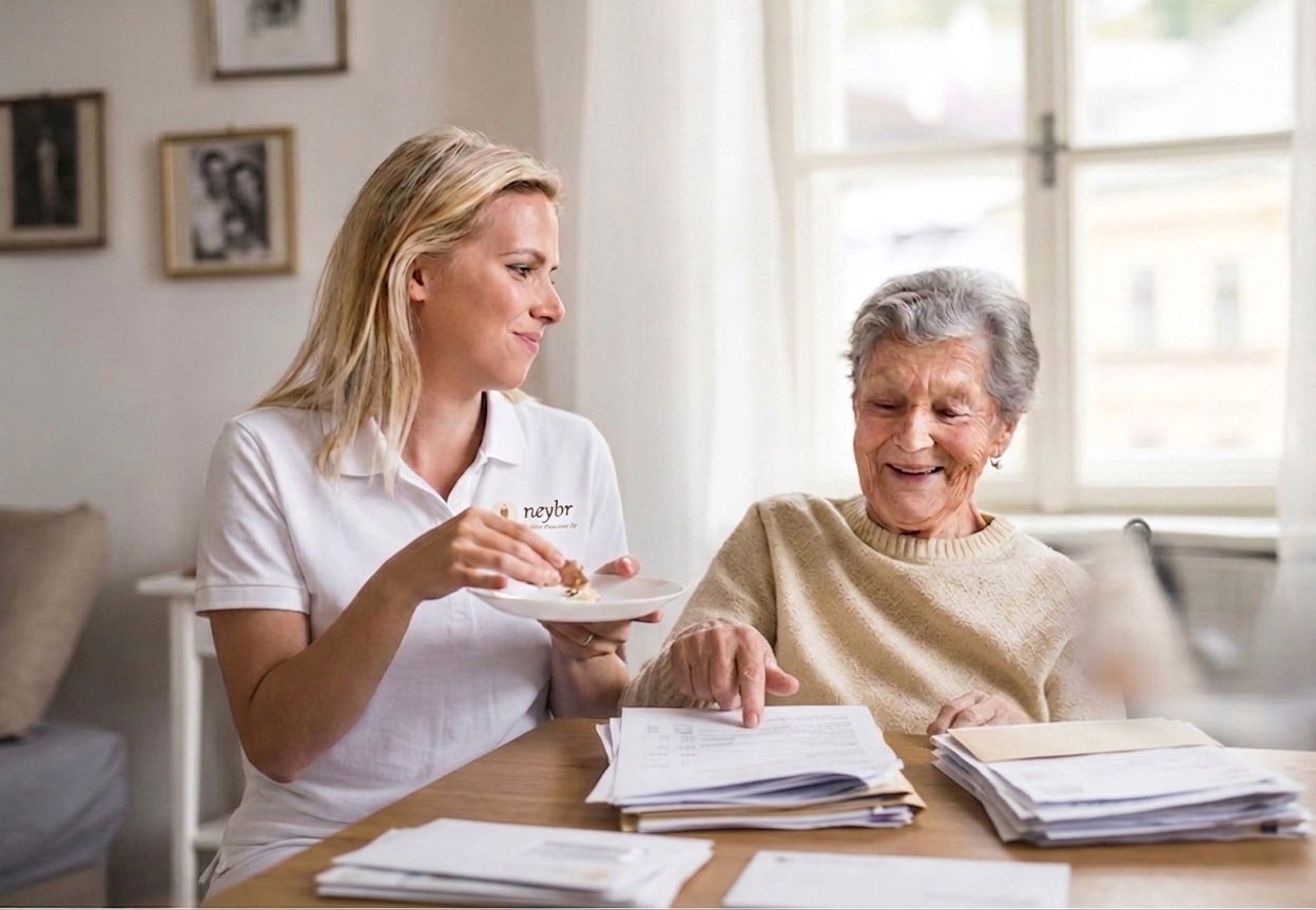 A Neybr caregiver sharing a warm moment with a senior client at home